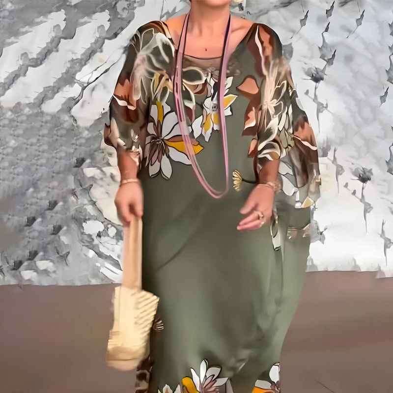 Ione™ Elegant Long Chiffon Dress with Print and V-Neck