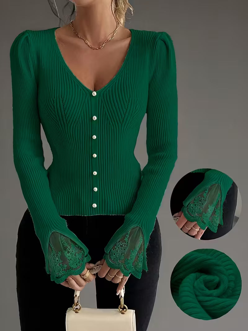 Eviorenne⢠Ribbed Blouse with V-Neck and Lace Sleeves