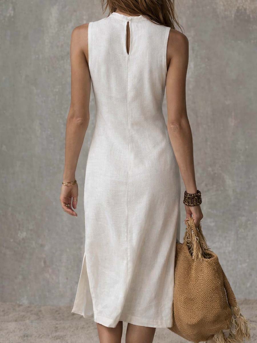 Brivyn™ Cotton and Linen Midi Dress with High Neck and Open Hem