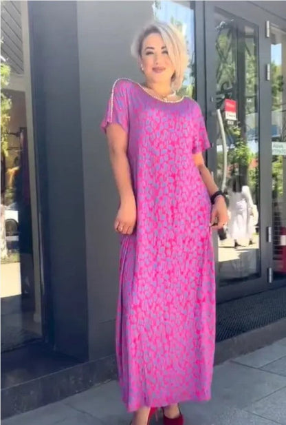 Leni™ Pink and Purple Floral Print Dress with Diamond Neckline
