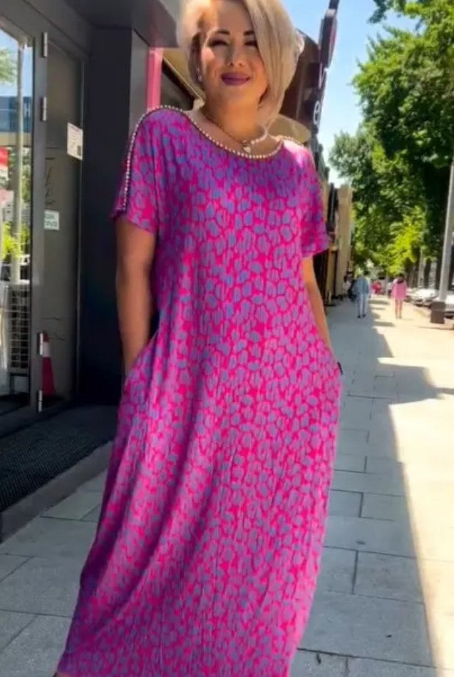 Leni™ Pink and Purple Floral Print Dress with Diamond Neckline