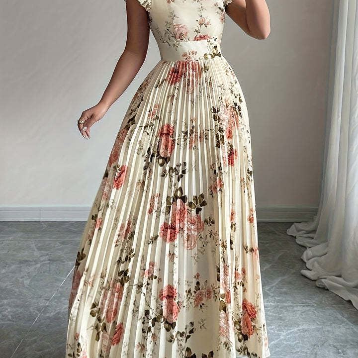Oxeris | Long Floral Dress with Pleats and Timeless Elegance