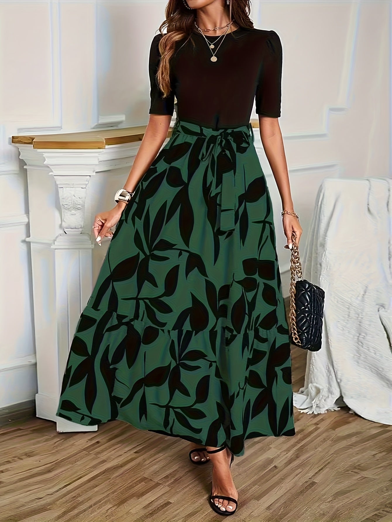Vanya™ Elegant Midi Dress with Geometric Print and Puff Sleeves