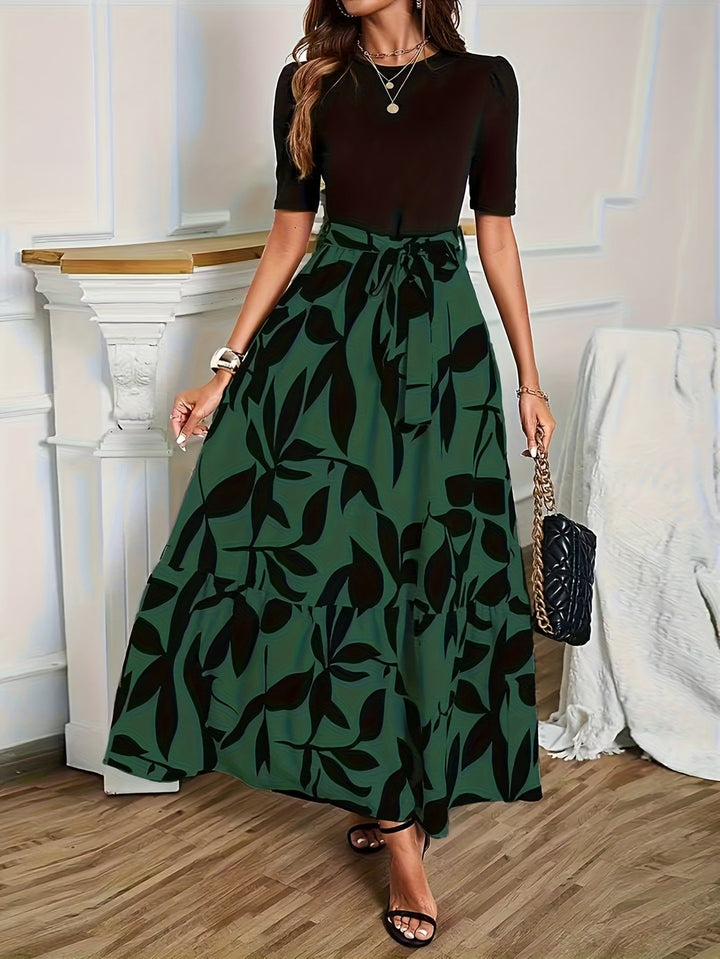 Vanya™ Elegant Midi Dress with Geometric Print and Puff Sleeves