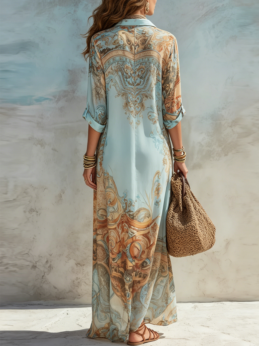 Bellune™ Blue Chiffon Maxi Dress in Baroque Style with Flowers