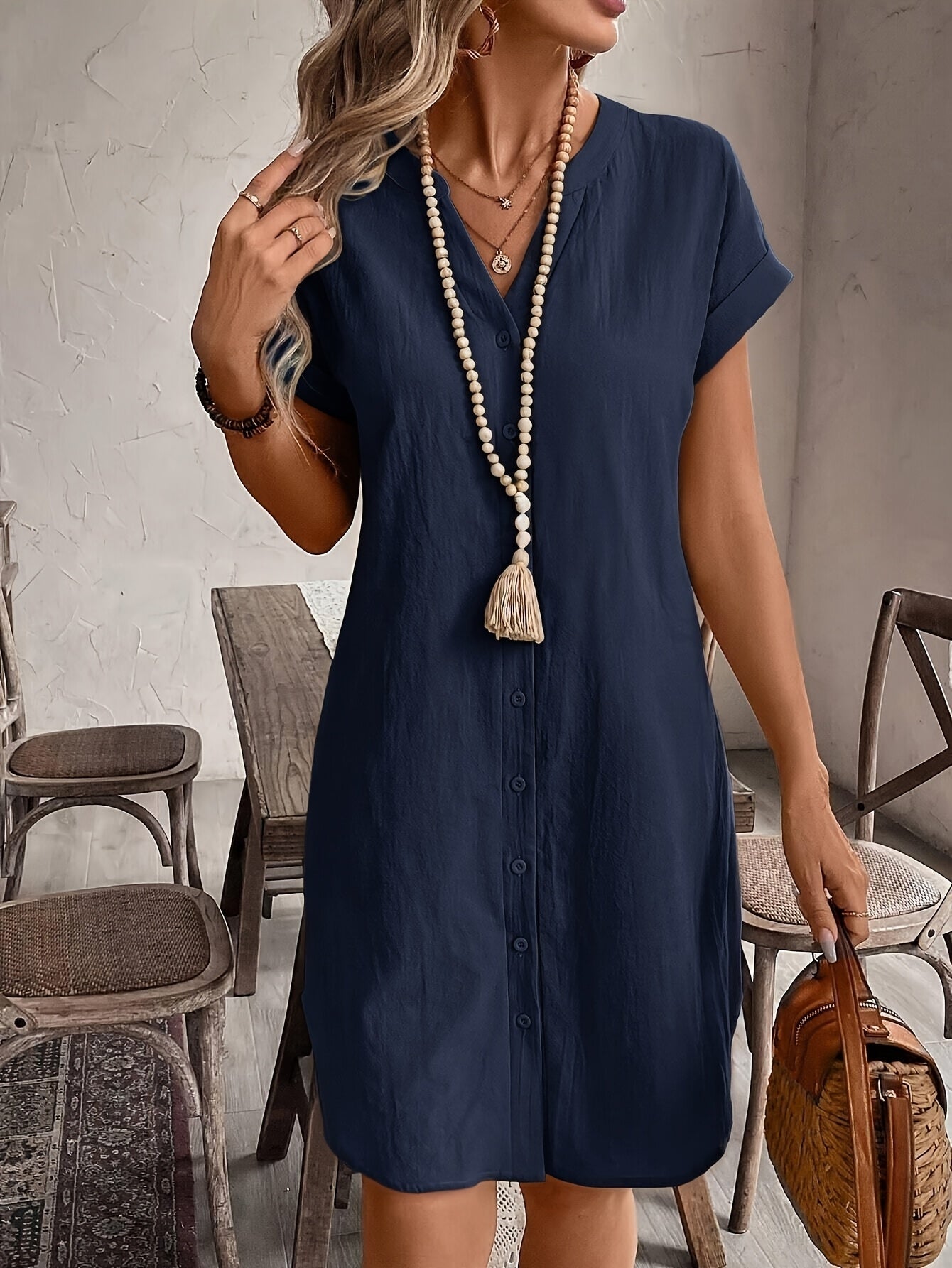 Celine™ Casual Loose Dress with V-Neck and Buttons