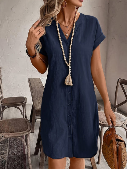 Celine™ Casual Loose Dress with V-Neck and Buttons