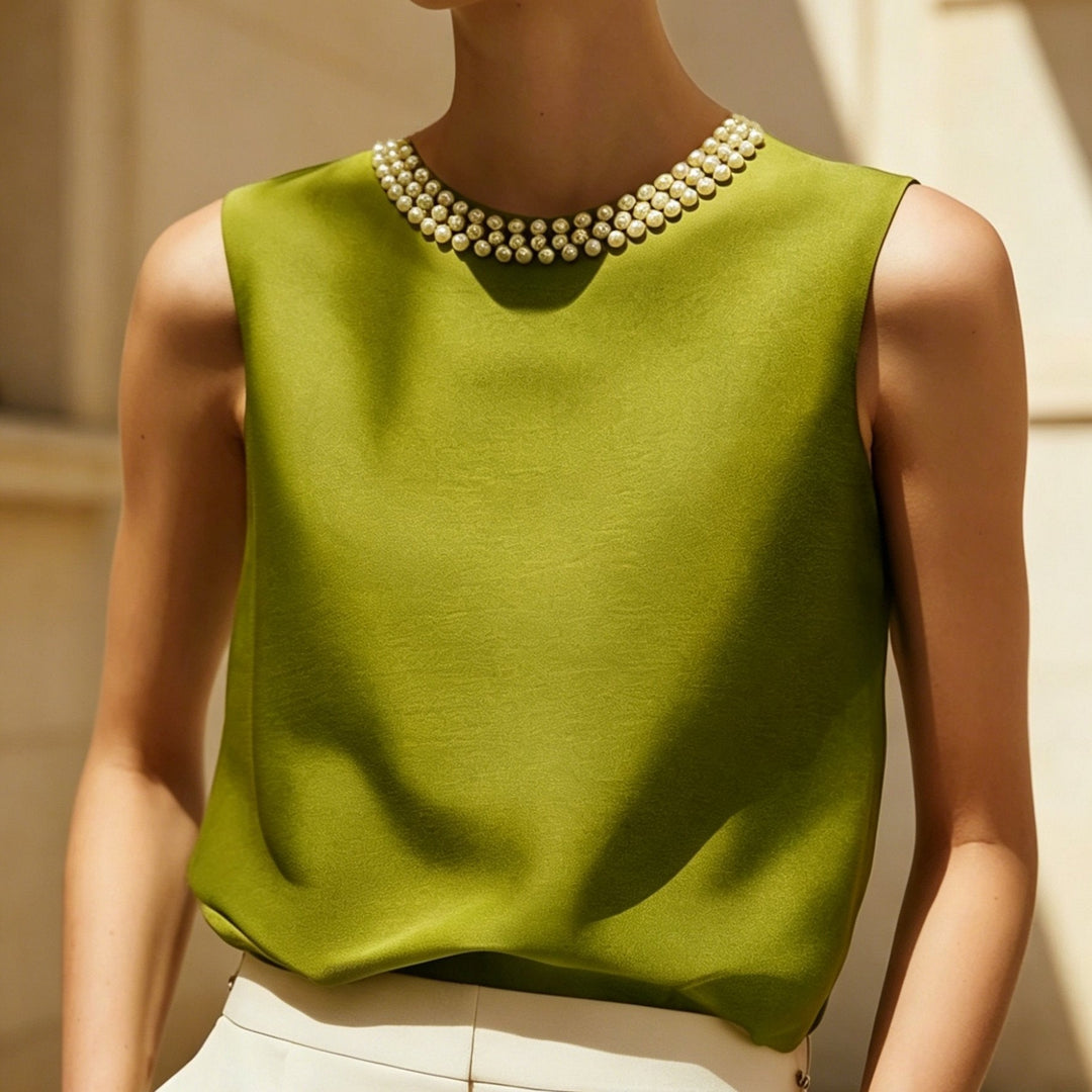Sythove | Sleeveless Blouse with Decorative Pearls and Elegant Style