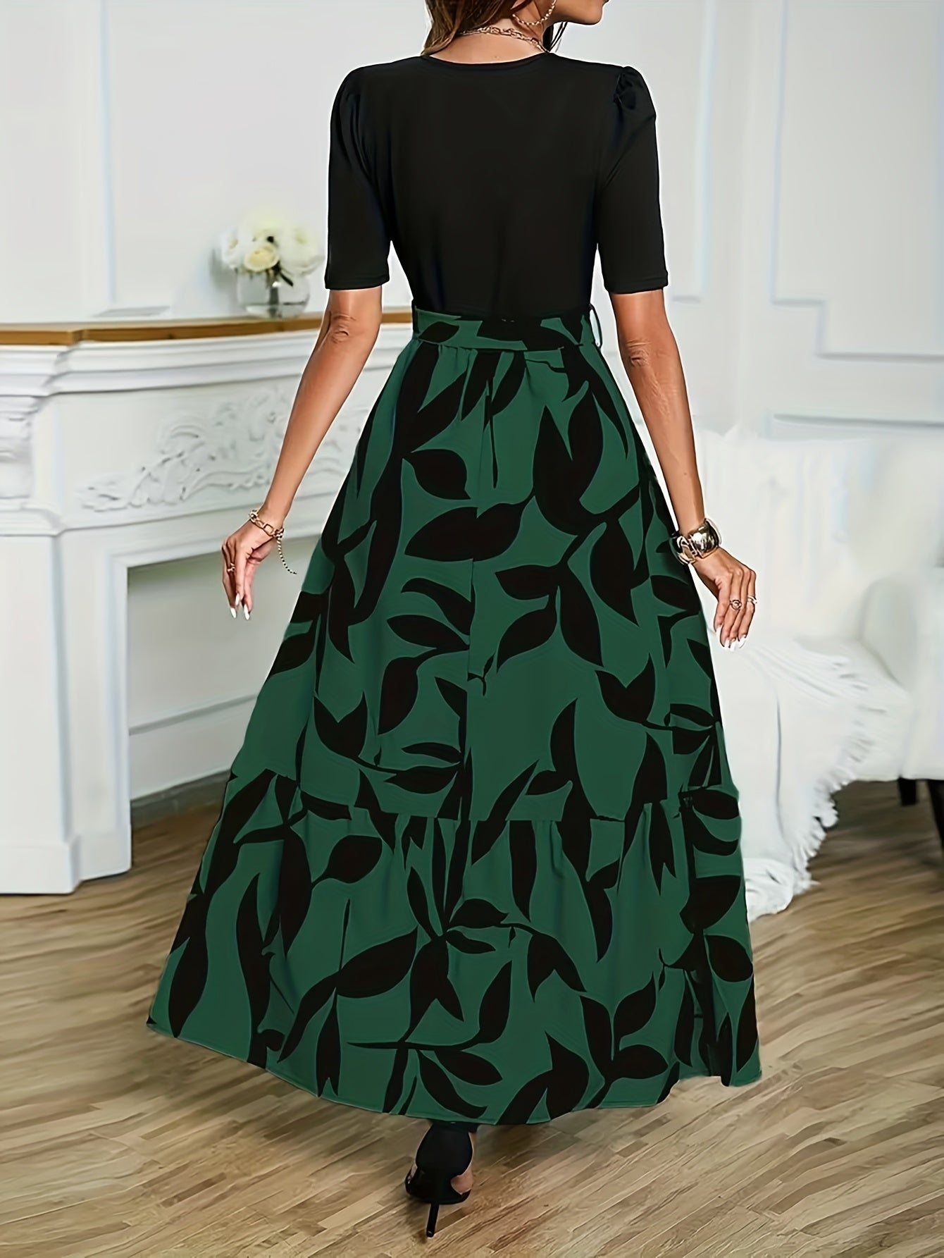 Vanya™ Elegant Midi Dress with Geometric Print and Puff Sleeves