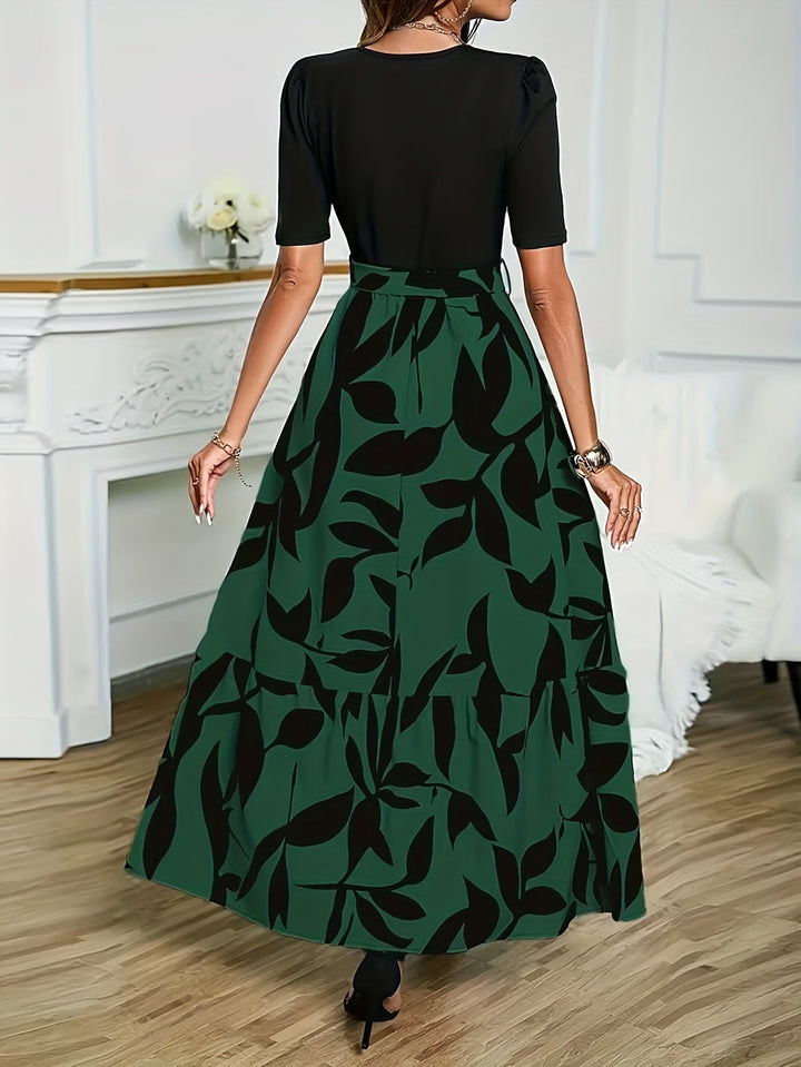Vanya™ Elegant Midi Dress with Geometric Print and Puff Sleeves