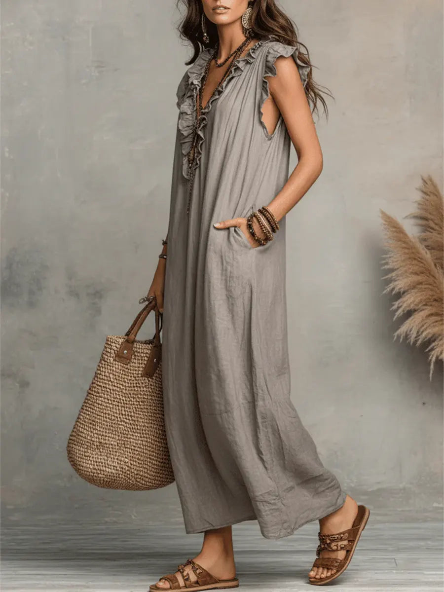 Hadira™ Casual Cotton and Linen Dress with Ruffles and Artistic Style