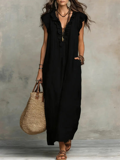 Hadira™ Casual Cotton and Linen Dress with Ruffles and Artistic Style