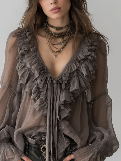 Hensira™ Gray Bohemian Blouse with Ruffles