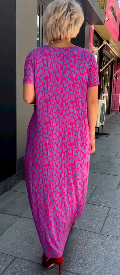 Leni™ Pink and Purple Floral Print Dress with Diamond Neckline