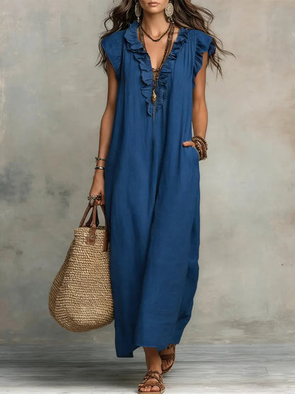 Hadira™ Casual Cotton and Linen Dress with Ruffles and Artistic Style