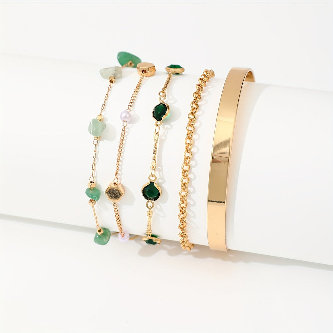 Aethique | Set of 5 Bohemian Bracelets with Green Stones and Vintage Details