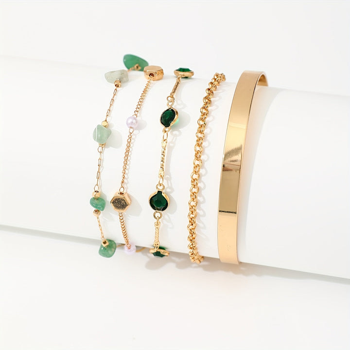 Aethique | Set of 5 Bohemian Bracelets with Green Stones and Vintage Details