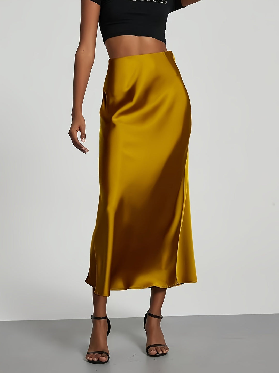 Greya™ High-Waisted Satin Midi Skirt with Elegant Fall