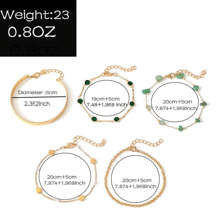 Aethique | Set of 5 Bohemian Bracelets with Green Stones and Vintage Details