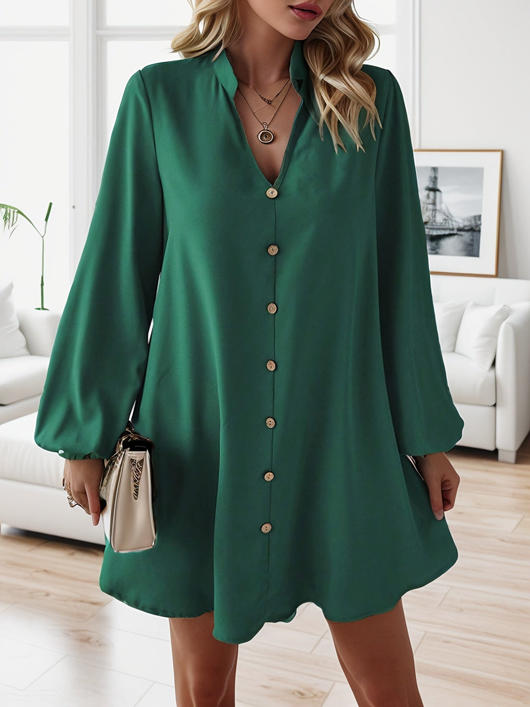 Faria™ Elegant Long Sleeve V-Neck Dress
