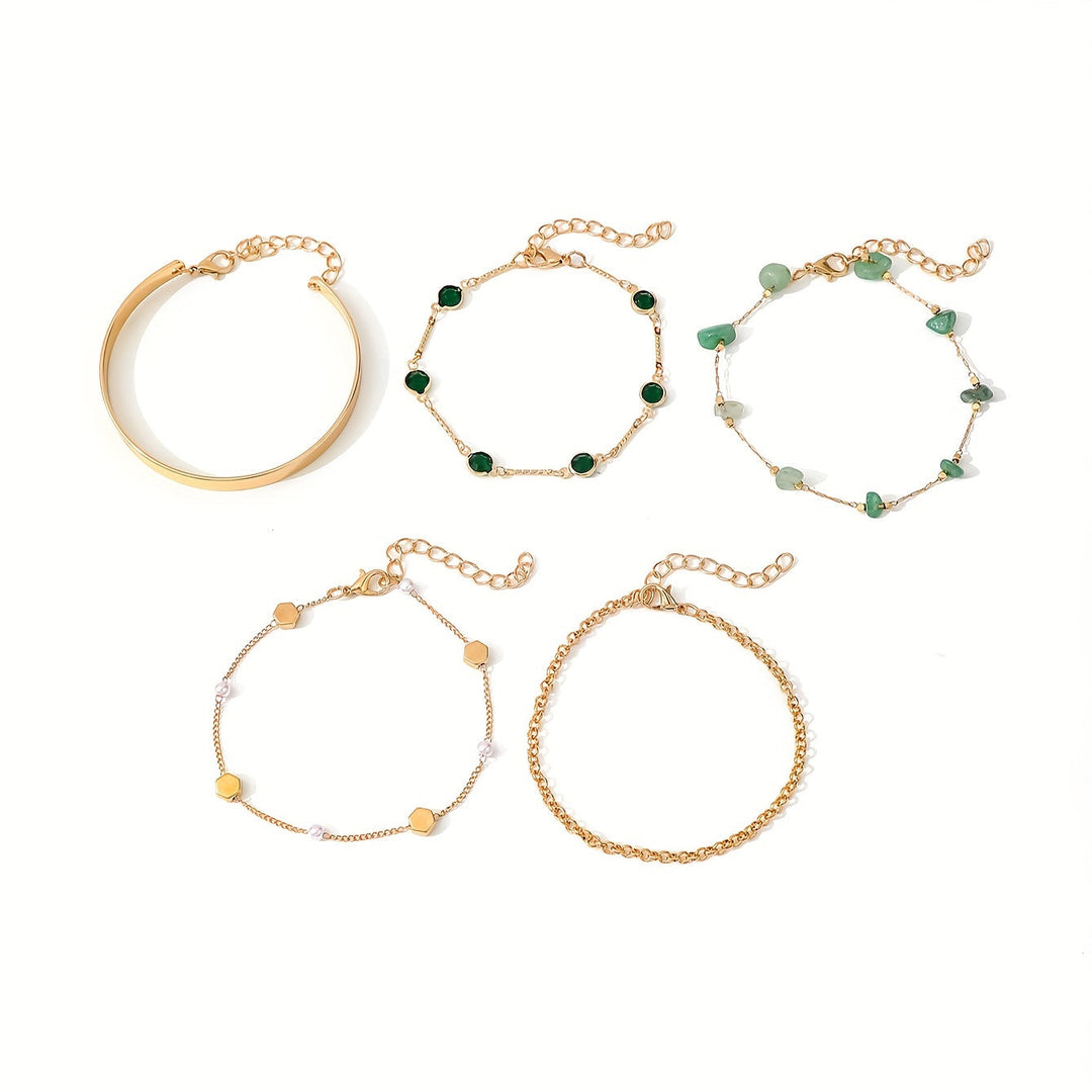 Aethique | Set of 5 Bohemian Bracelets with Green Stones and Vintage Details