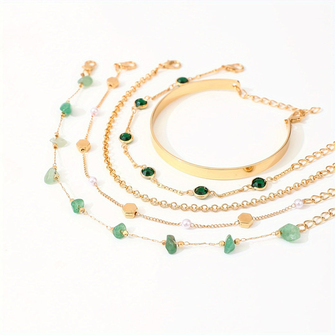 Aethique | Set of 5 Bohemian Bracelets with Green Stones and Vintage Details