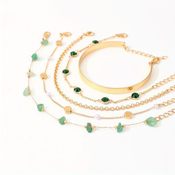 Aethique | Set of 5 Bohemian Bracelets with Green Stones and Vintage Details