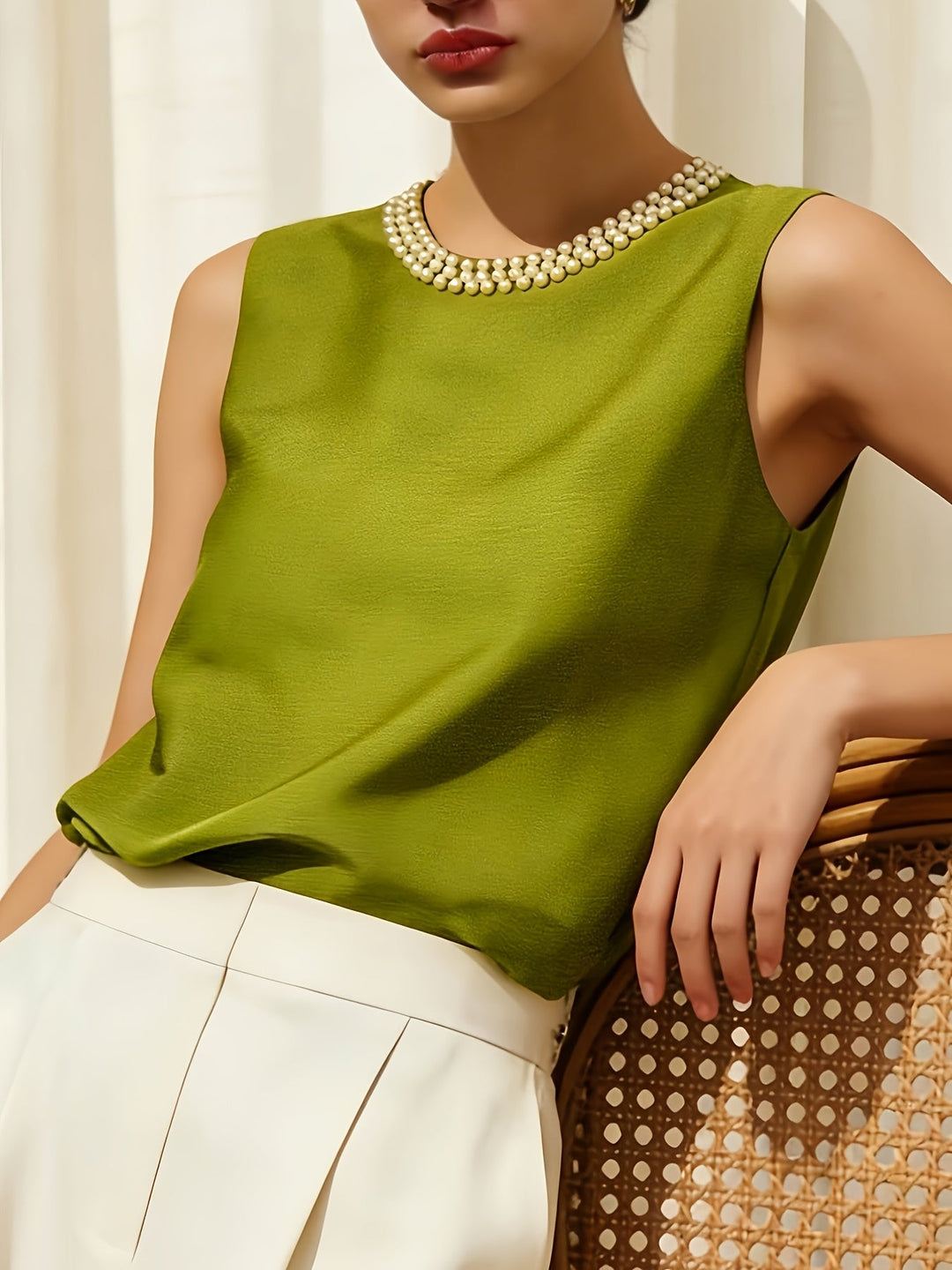 Sythove | Sleeveless Blouse with Decorative Pearls and Elegant Style