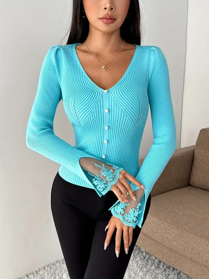 Eviorenne™ Ribbed Blouse with V-Neck and Lace Sleeves