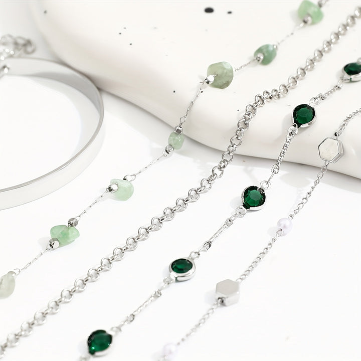 Aethique | Set of 5 Bohemian Bracelets with Green Stones and Vintage Details