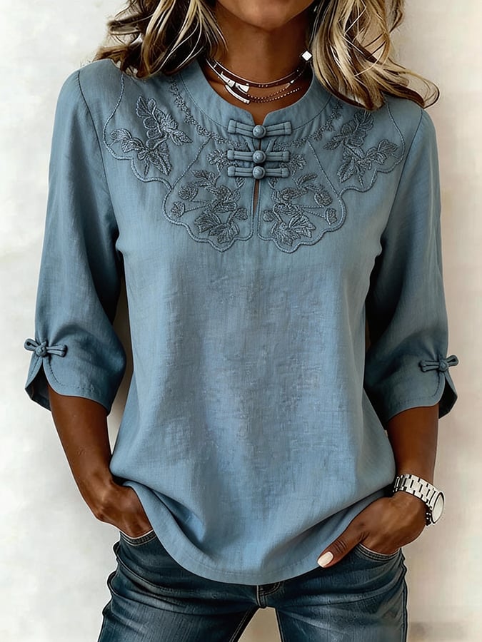 Della™ Cotton and Linen Floral Top for Women