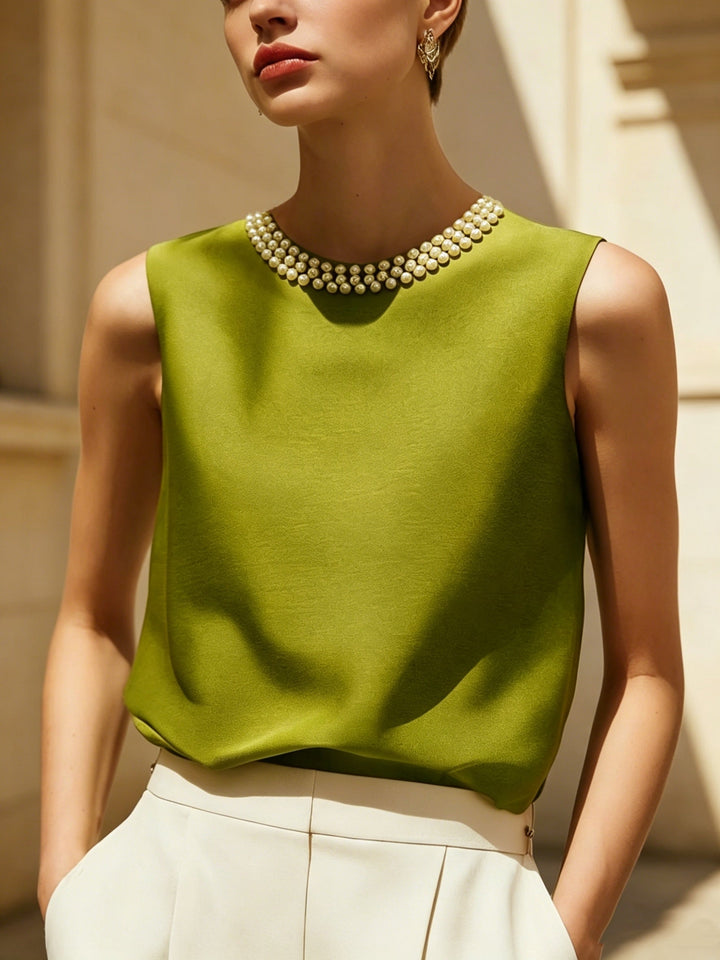 Sythove | Sleeveless Blouse with Decorative Pearls and Elegant Style