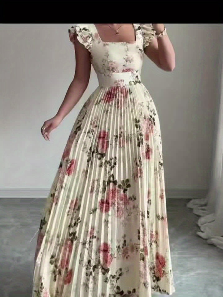 Oxeris | Long Floral Dress with Pleats and Timeless Elegance