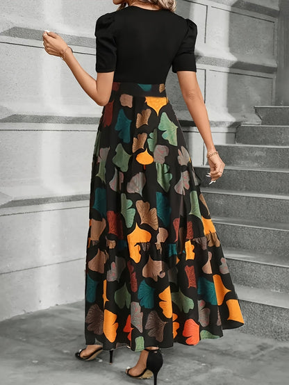Vanya™ Elegant Midi Dress with Geometric Print and Puff Sleeves