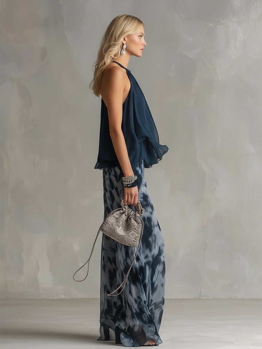 Isolde™ elegant chiffon set with high neck top and printed wide-leg pants