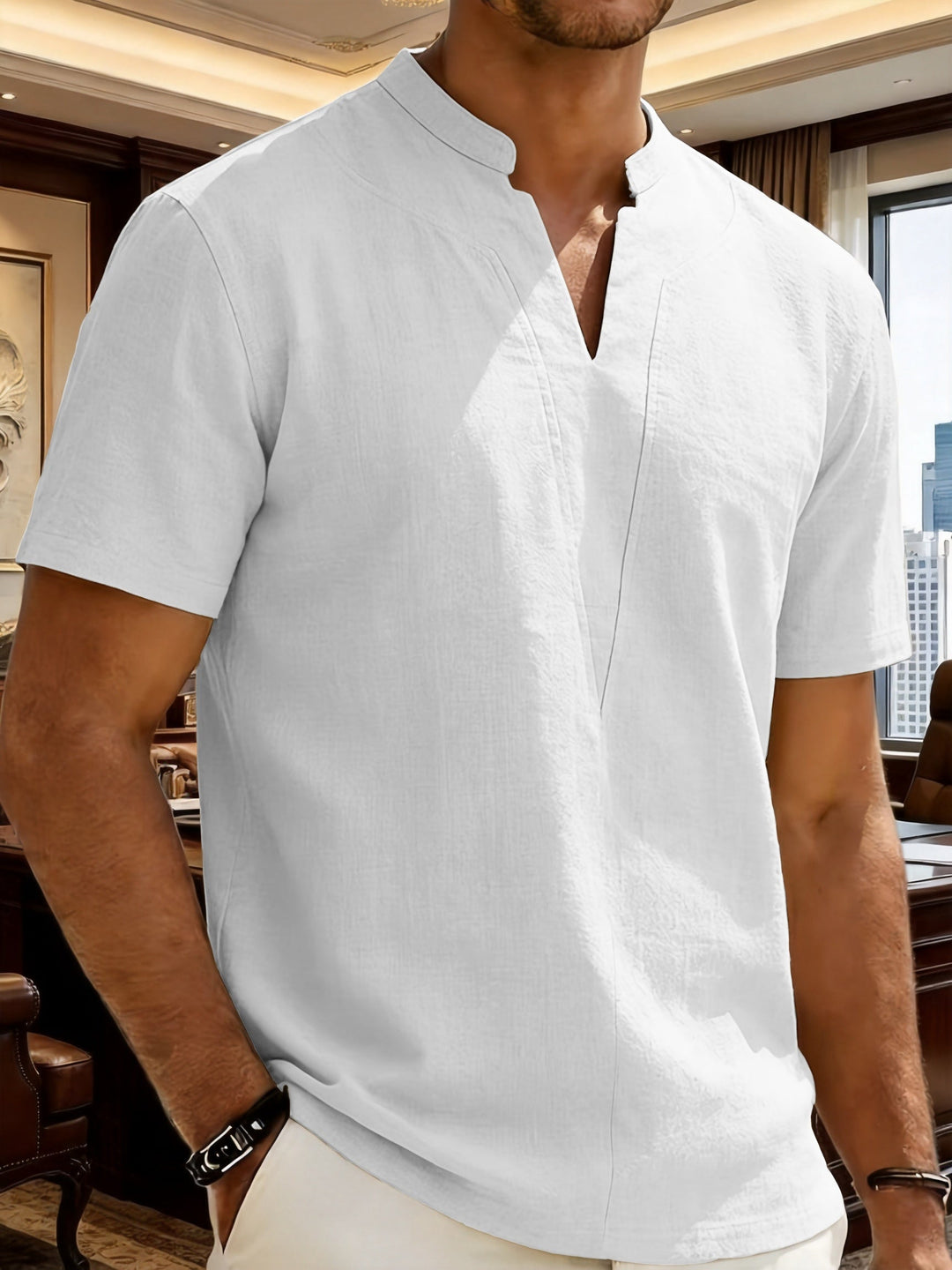 Grexric | Men's Linen Shirt with Mao Collar and Relaxed Fit