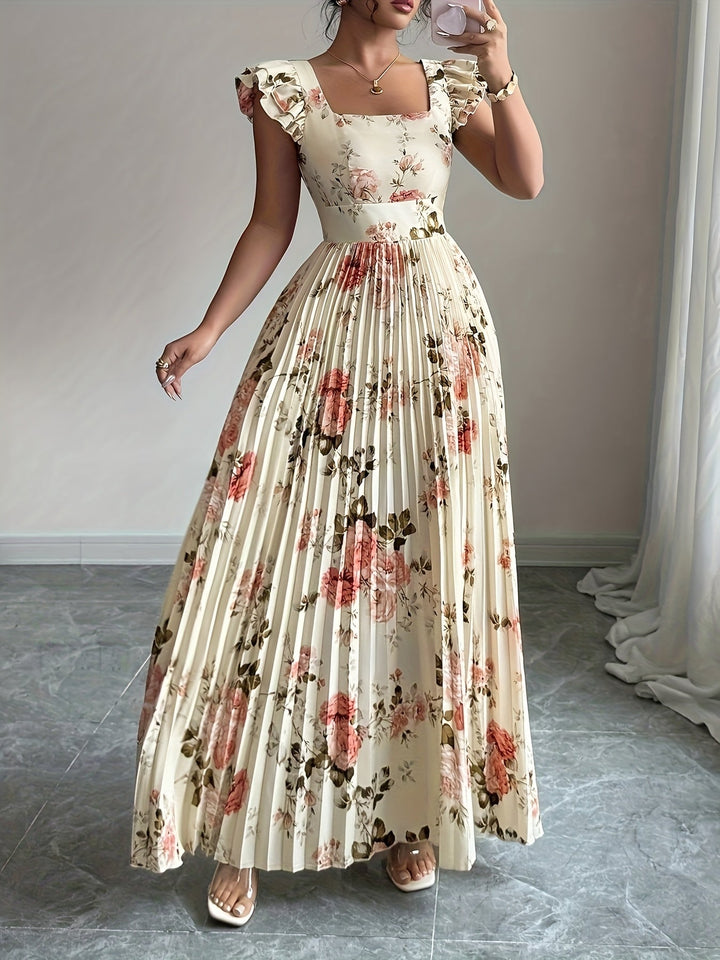 Oxeris | Long Floral Dress with Pleats and Timeless Elegance