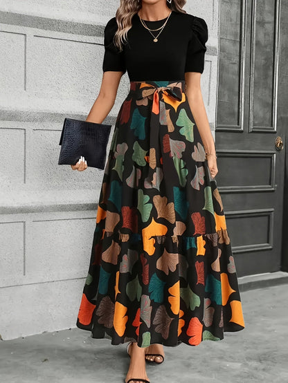 Vanya™ Elegant Midi Dress with Geometric Print and Puff Sleeves