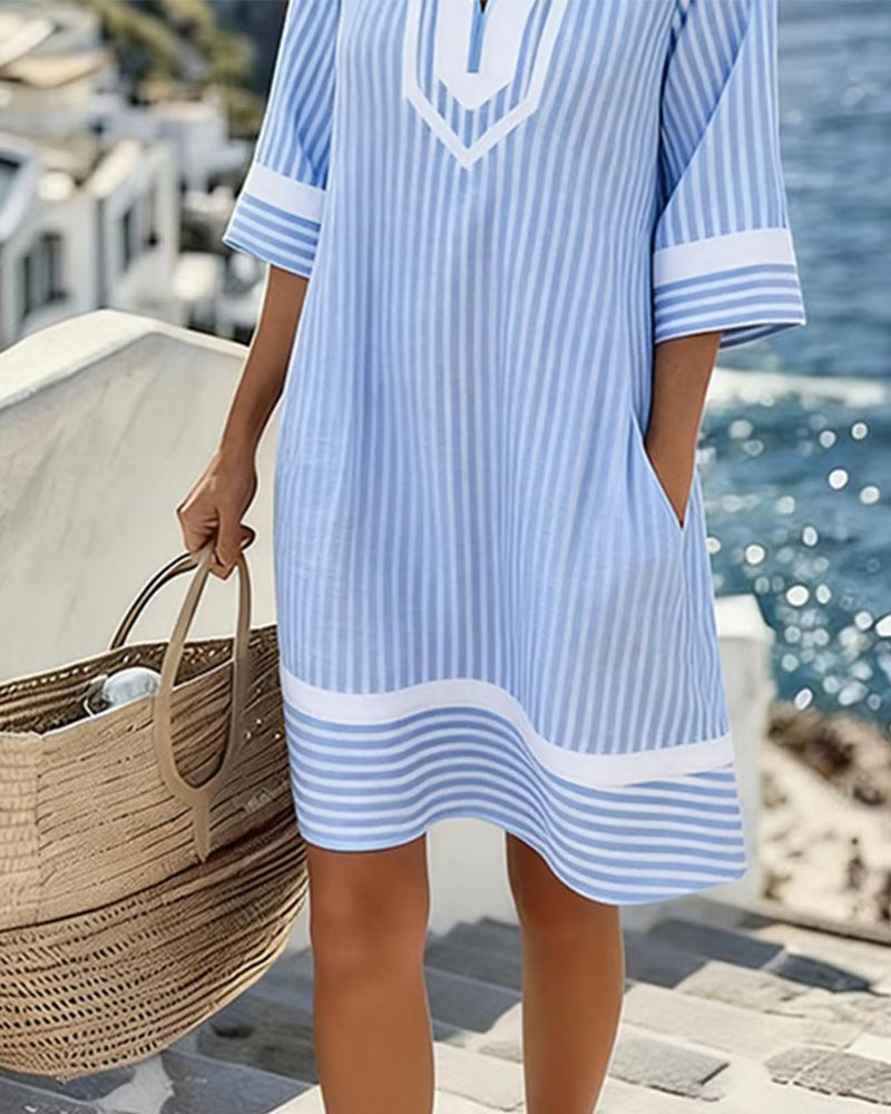 Fifer™ Short Sleeve Striped Dress with V-Neck