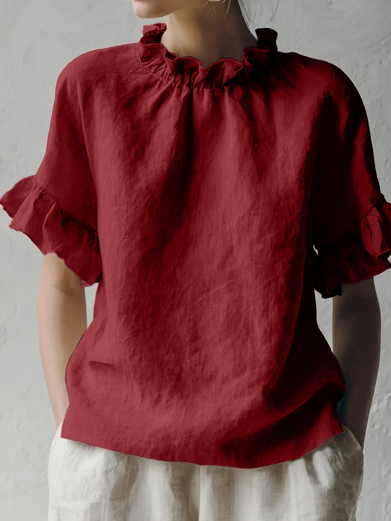 Yuna™ Casual Solid Color Blouse with Elegant Neckline