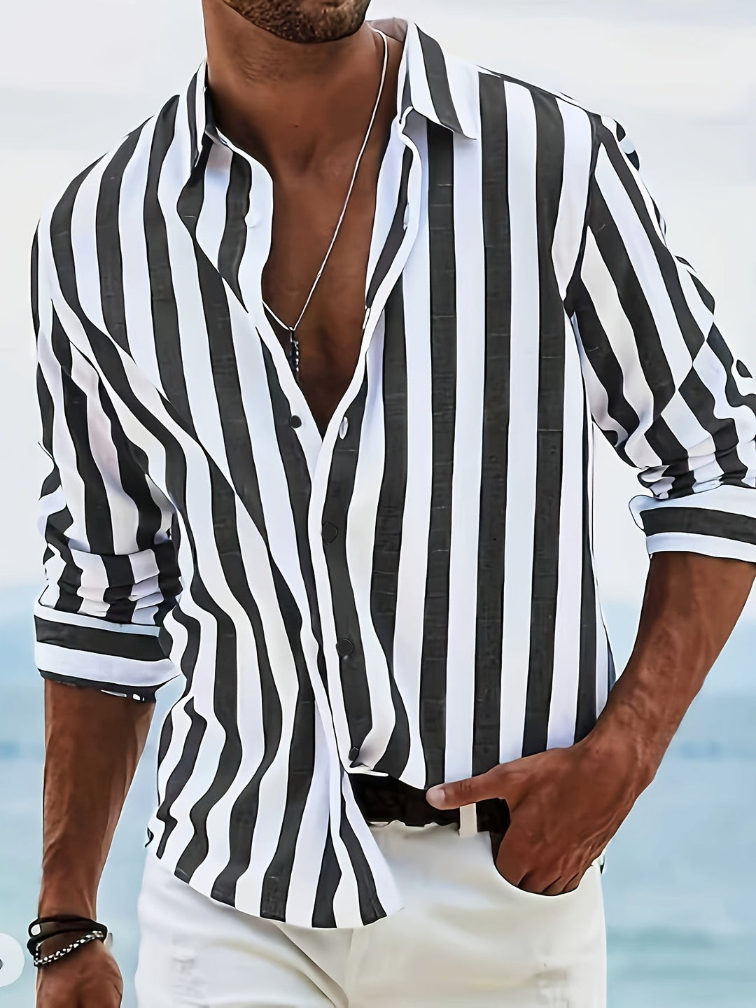 Kervik™ Long Sleeve Tropical Shirt for Men with Stripes and Classic Collar