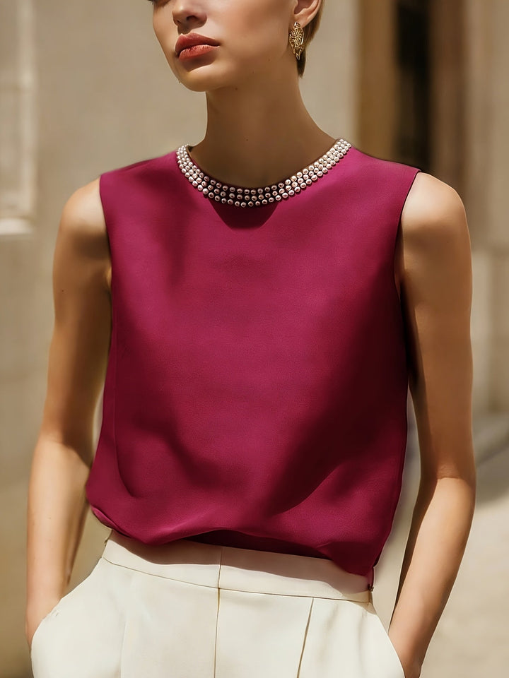 Sythove | Sleeveless Blouse with Decorative Pearls and Elegant Style