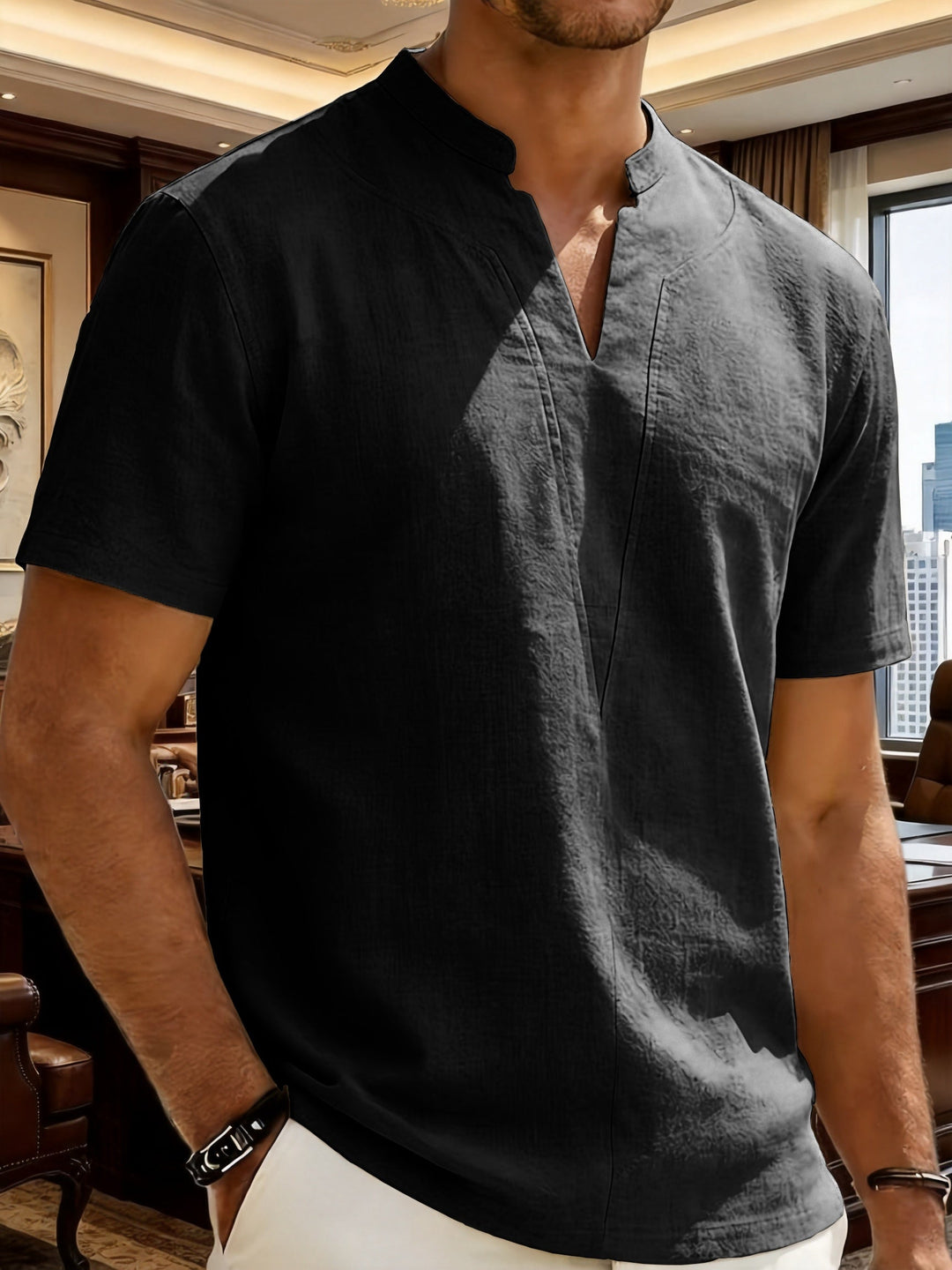 Grexric | Men's Linen Shirt with Mao Collar and Relaxed Fit