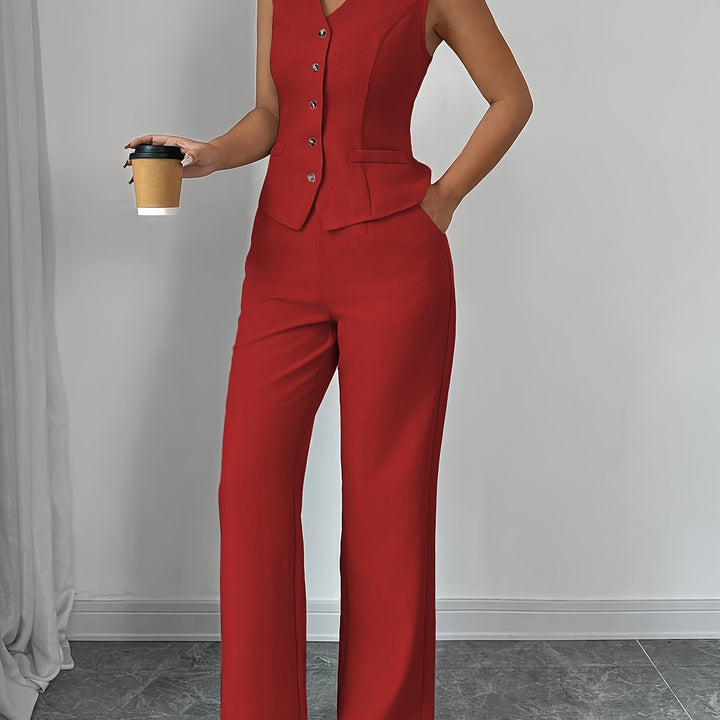 Malia™ Elegant Vest with V-Neck and Straight Pants Set