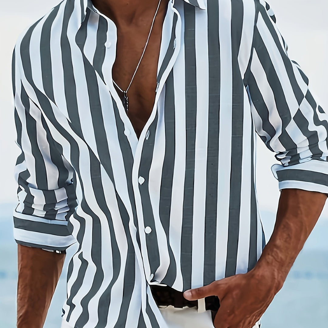 Kervik™ Long Sleeve Tropical Shirt for Men with Stripes and Classic Collar
