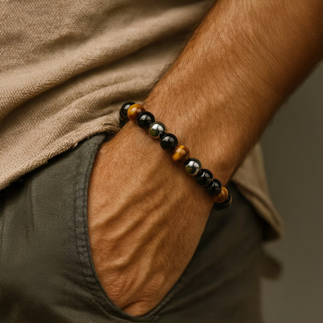 Caryra™ "3 Protections" Bracelet in Tiger Eye, Hematite, and Black Obsidian