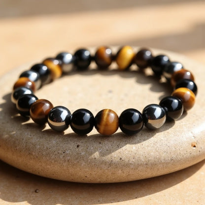 Caryra™ "3 Protections" Bracelet in Tiger Eye, Hematite, and Black Obsidian