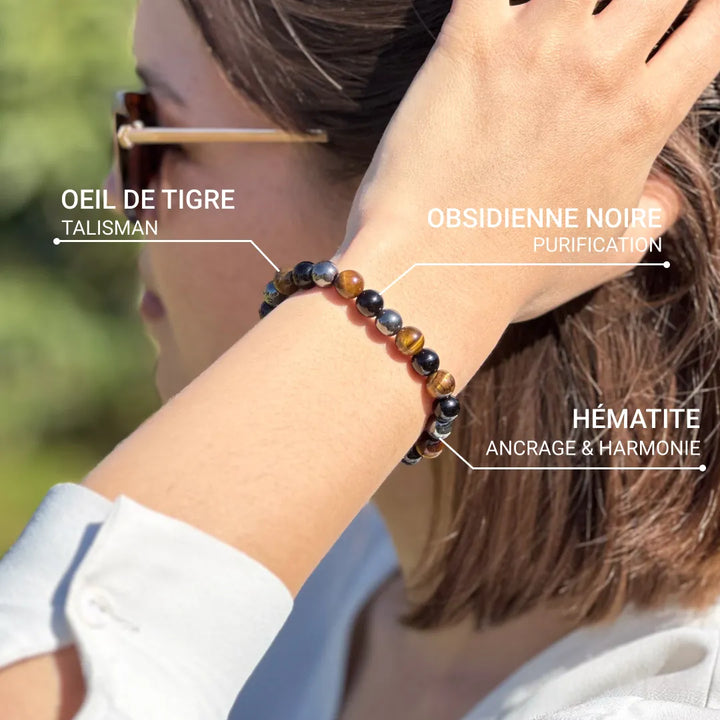 Caryra™ "3 Protections" Bracelet in Tiger Eye, Hematite, and Black Obsidian