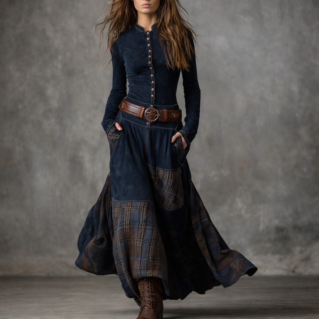 Elira™ Vintage Long Suede Checkered Dress (with Belt)