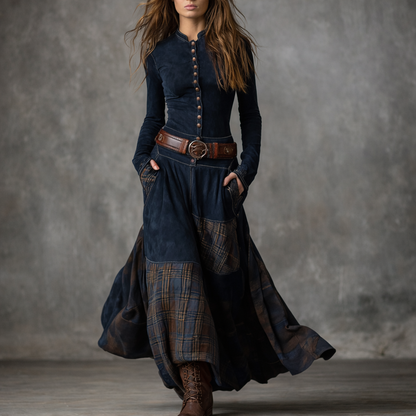 Elira™ Vintage Long Suede Checkered Dress (with Belt)